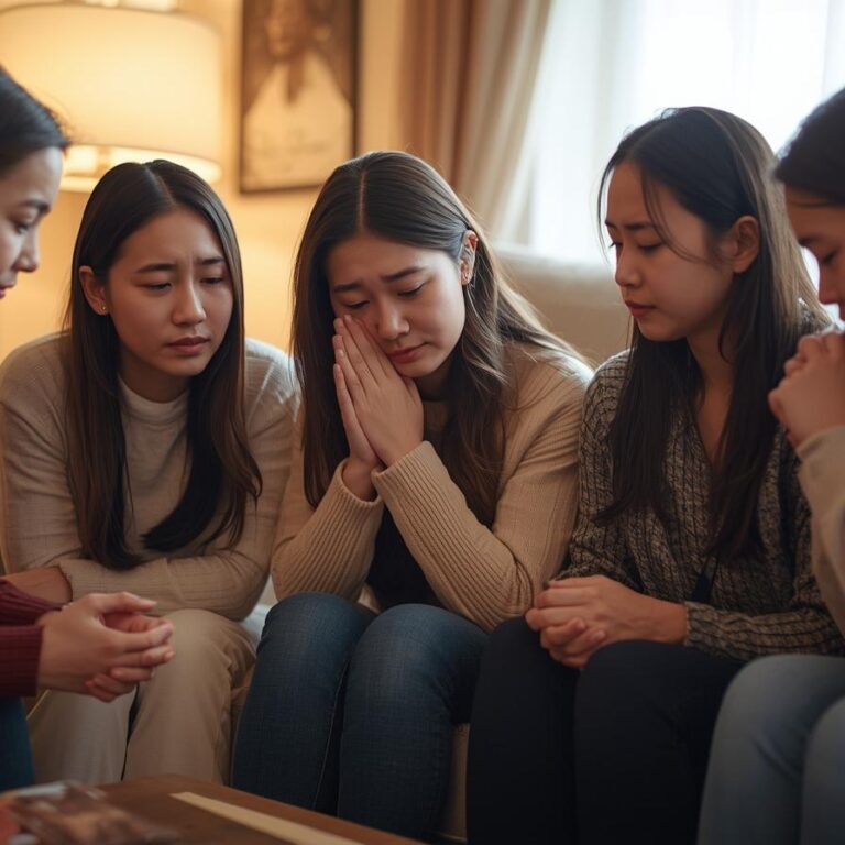 Eine Gruppe asiatischer Frauen sitzt in einem Wohnzimmer zusammen. Sie beten für eine weinende asiatische Frau. Die Frauen sind etwa im gleichen Alter und Christen.