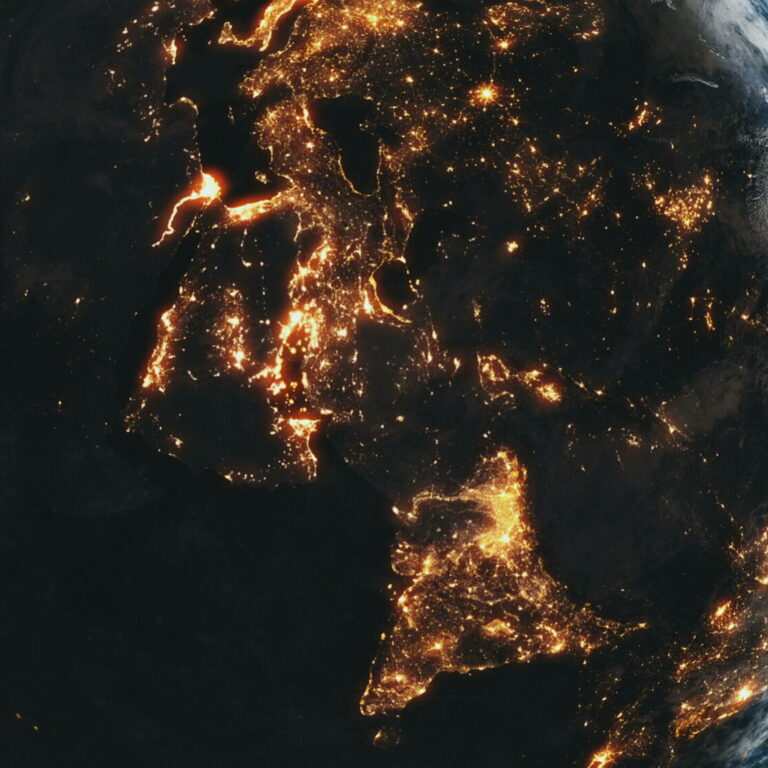 Earth planet orbit with bright sun in dark outer space. Realistic planet of Solar system at star sky background. Illuminated mainlands cities, countries network of world globe. illustration